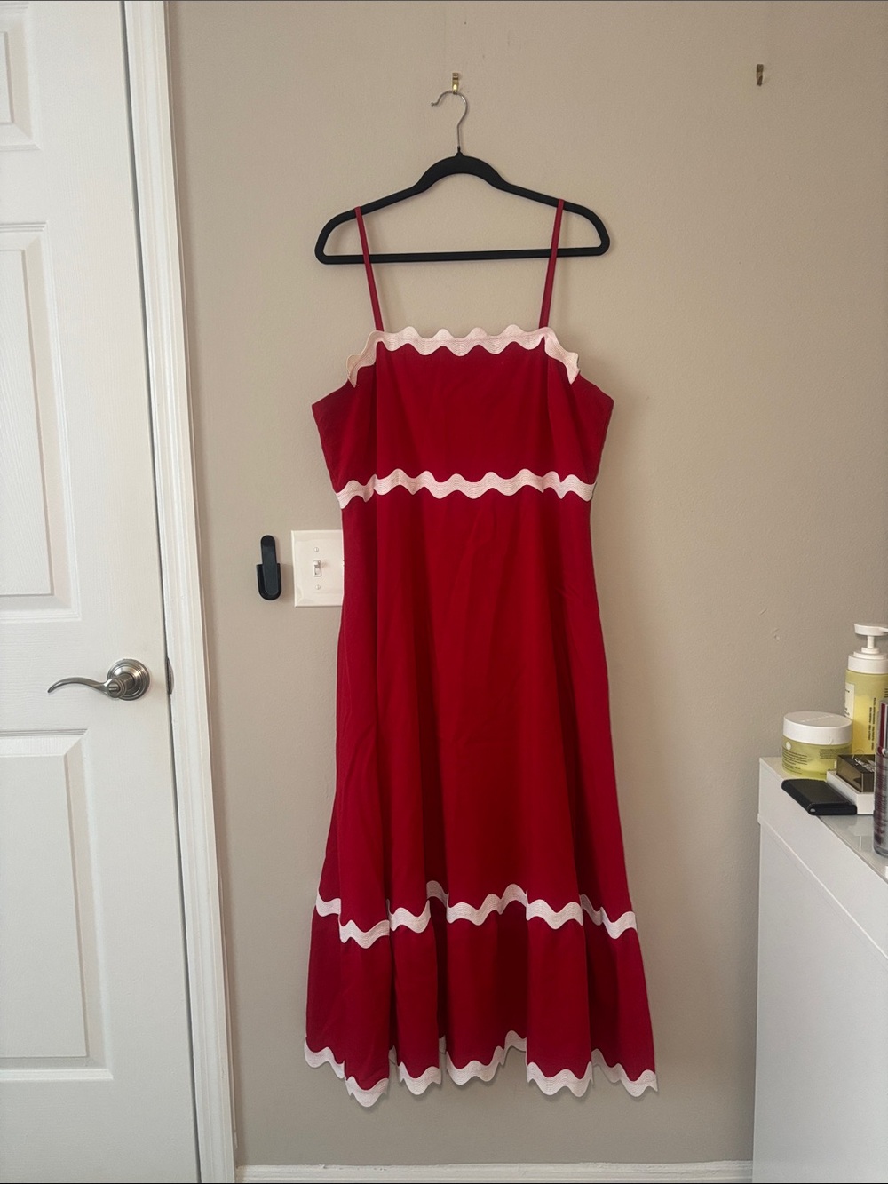 Red Spaghetti Strap Midi Dress with White Scallop Trim